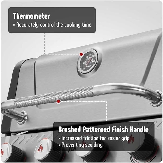 All Stainless Steel 4+1 Burner Gas BBQ Grill, Outdoor Propane Grill with Premium Enameled Coated Chamber Body & Porcelain-Enameled Cast lron Grates, 48,000 BTU