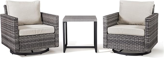 Outdoor Swivel Rocker Patio Chairs-3 Pieces Wicker Swivel Patio Chairs Set of 2 with Matching Side Table, Thick Cushions High Back Outdoor Furniture Set for Deck Porch Balcony(Grey/Beige)
