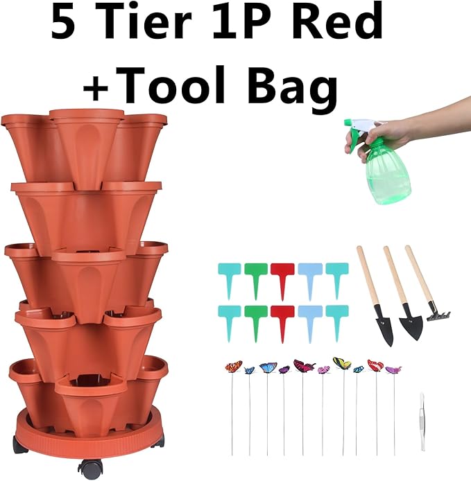 Vertical Planter, 5 Tier Stackable Strawberry Planter with Garden Tool Set, Movable Indoor/Outdoor Garden Herb Pot for Growing Vegetables and Succulents, Red