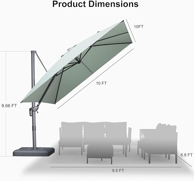 PURPLE LEAF 10 FT Outdoor Umbrella with Base Patio Cantilever Aluminum Umbrella with 3 Years Fade Resistance Recycled Fabric Offset Square with 360-degree Rotation for Deck Pool Garden, Mint Green
