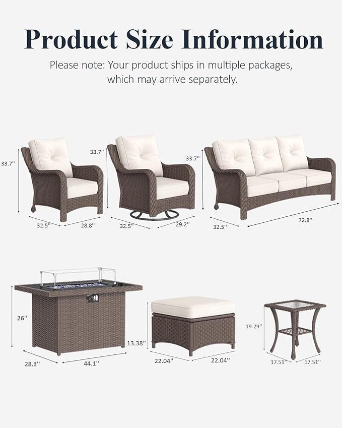 LayinSun 10 Piece Wicker Outdoor Furniture Set with 6-inch Comfy Cushions, High Back Patio Furniture Set with Swivel Rocking Chairs and Fire Pit Table