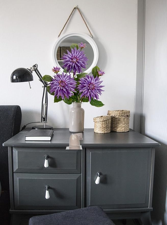 3Pcs Purple Artificial Dahlia Flowers 29.5" Fake Flower Silk Flowers with Long Stem Floral Arrangements Bouquets Faux Dahlias Flowers for DIY Wedding Party Centerpieces Decor Home Office Decoration