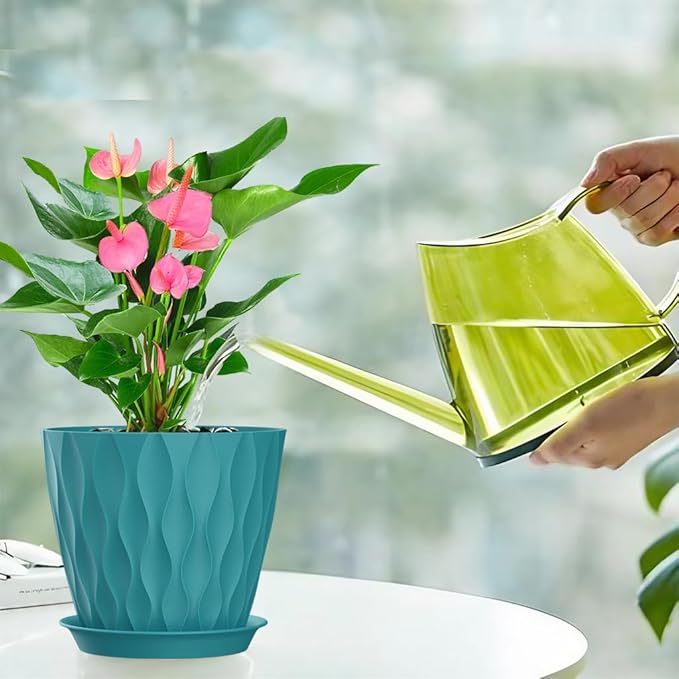 7 Inch Plant Pots Set of 5, Plastic Flower Pots with Drainage Holes and Trays, Planter Pot for Indoor Plants, Decorative Pots for Plants Indoor/Outdoor (Multicolor)