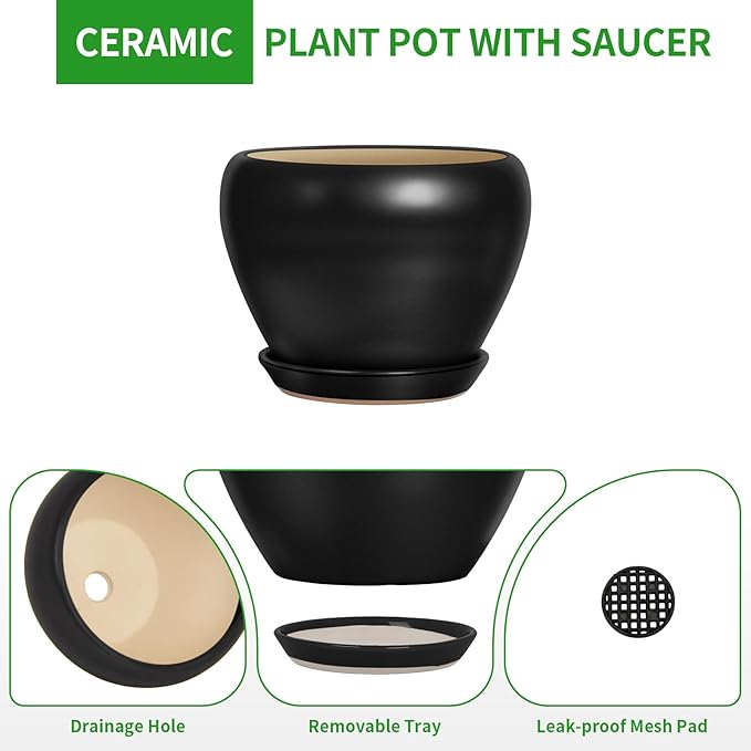 Deep Dream 10 Inch Plant Pot- Ceramic Planter Pot Round Plant Pots for Indoor Plants Outdoor Large Flower Pot with Drainage Holes & Trays, Black