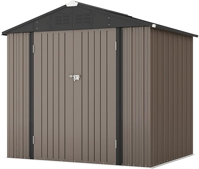 Patiowell 8x6 FT Outdoor Storage Shed, Metal Tool shed & Outdoor Storage with Lockable Doors & Air Vents, for Backyard Garden Patio, Brown