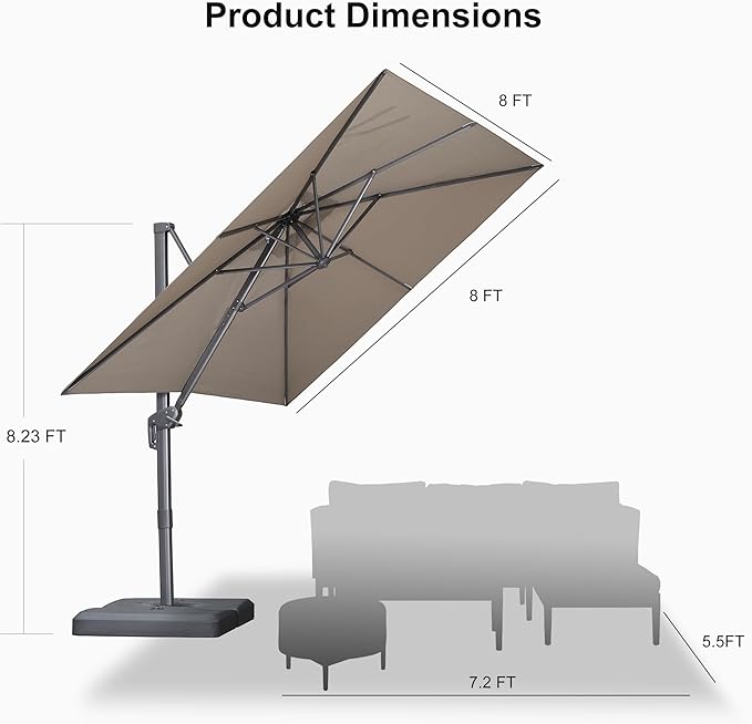 PURPLE LEAF 8 FT Outdoor Umbrella with Base Patio Cantilever Aluminum Umbrella with 3 Years Fade Resistance Recycled Fabric Offset Square with 360-degree Rotation for Deck Pool Garden, Ash Mocha