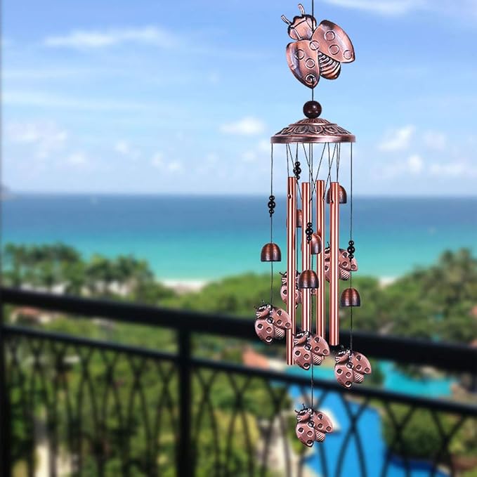 Ladybug Wind Chimes Outdoor Decor - with 4 Tubes 6 Bells 7 Ladybugs 36In Waterproof Mobile Romantic Wind Catcher Ladybug Windchimes for Home, Xmas Mom Gifts, Festival, Balcony, Garden Decoration