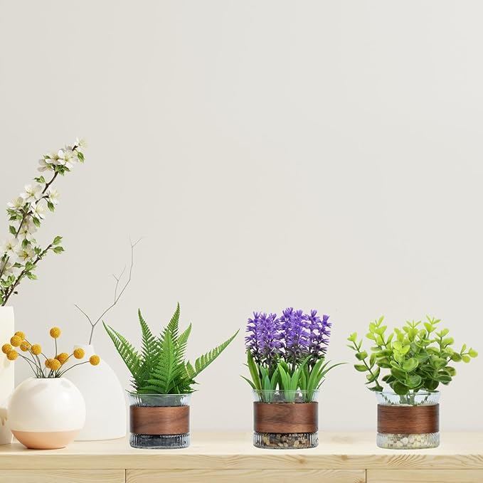 Fake Potted Plants, Mini Fake Plants, Eucalyptus, Lavender Plant in Pot for Table Centerpiece, Shelf Decor, Small Fake Plants for Bedroom Livingroom, Bathroom Decor (Small)