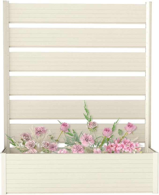 Vertical Screen Planter Bed - Raised Garden Box with Trellis for Climbing Plants, Durable Privacy Fence Planter for Outdoor, Patio, Deck Aluminum Frame, Beige