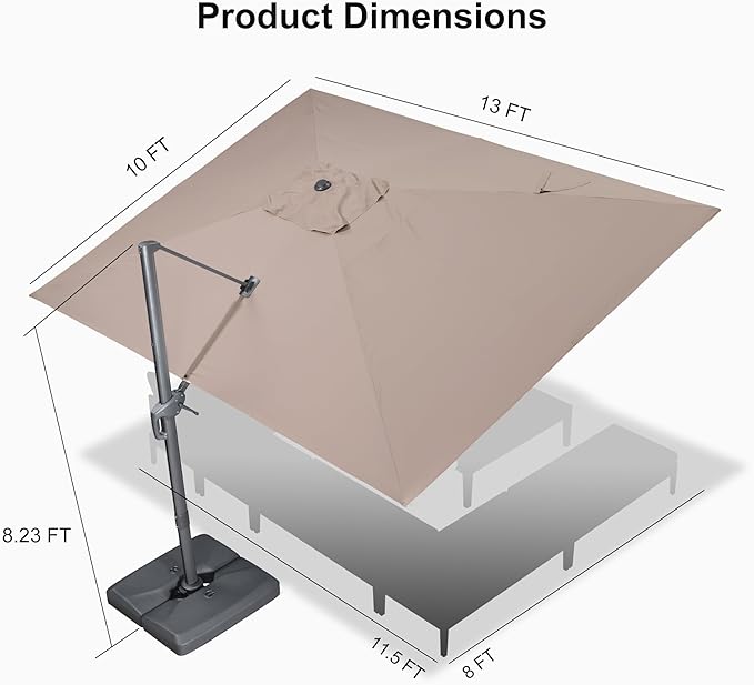 PURPLE LEAF 10' X 13' Rectangle Cantilever Umbrella with Base Outdoor Large Aluminum Patio Umbrella with 3-Year Fade Resistance Recycled Fabric and 360-degree Rotation for Deck Pool Garden, Sand Dune