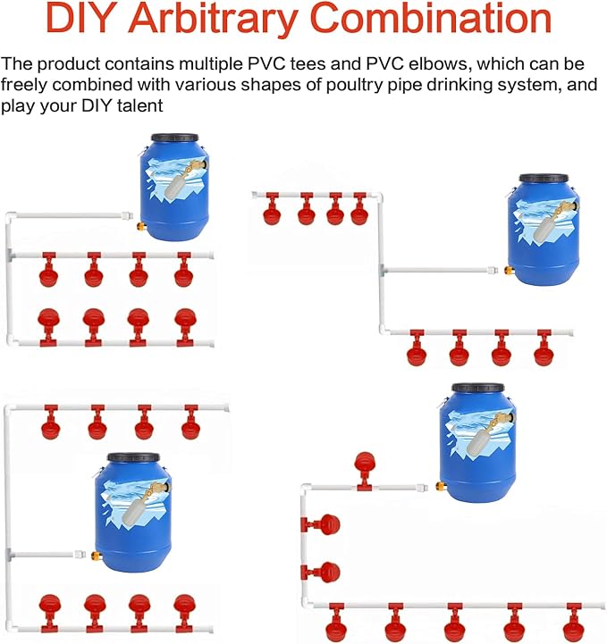 28 Accessories Complete Set Pipeline Automatic DIY Chicken Waterer Feeder System,with Chicken Water Cups, Poultry Feeder,Ports Hole Saw,PVC Pipeline,Float Valve and Garden Hose,Glue,Tape.