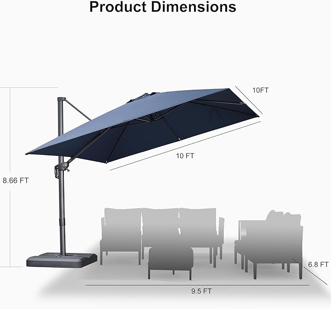 PURPLE LEAF 10 FT Outdoor Umbrella with Base Patio Cantilever Aluminum Umbrella with 3 Years Fade Resistance Recycled Fabric Offset Square with 360-degree Rotation for Deck Pool Garden, Ocean Slate