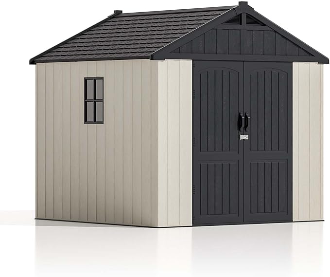 Patiowell 8x8 FT Outdoor Storage Shed, Plastic Shed Resin Garden Tool Shed with Floor & Window & Lockable Door for Patio Furniture, Backyard Tools, Bicycles & Lawnmower, Beige