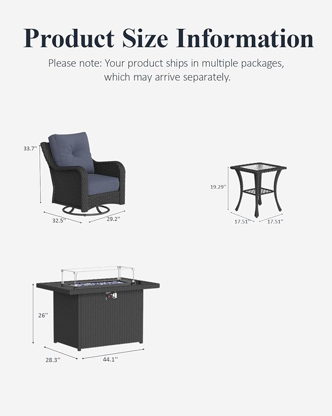 LayinSun 7 Piece Wicker Outdoor Furniture Set with 6-inch Comfy Cushions, High Back Patio Furniture Set with Swivel Rocking Chairs and Fire Pit Table