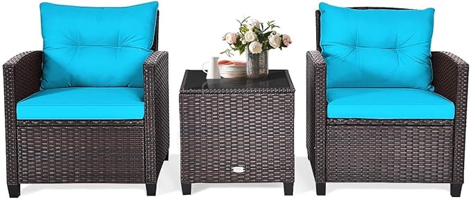 HAPPYGRILL 3 Pieces Patio Conversation Set, Outdoor Furniture Set PE Rattan Sofa Set with Removable Cushions, PE Wicker Chairs with Tempered Glass Side Table for Porch Lawn Garden Balcony Backyard