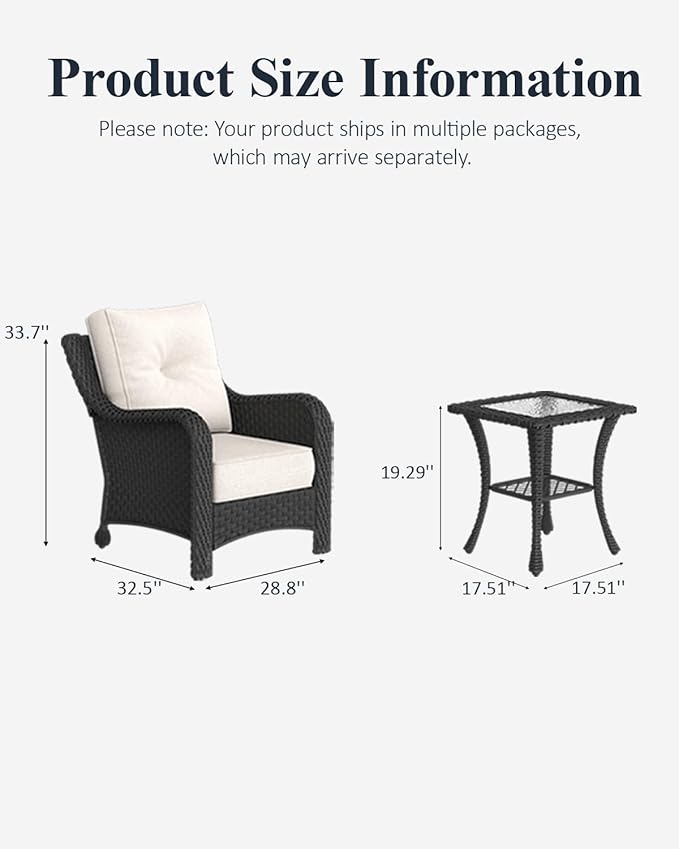 LayinSun 3 Piece Wicker Outdoor Furniture Set with 6-inch Comfy Cushions, High Back Patio Furniture Set with Rattan Armchairs and Side Table