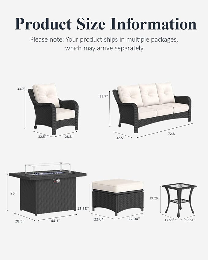 LayinSun 7 Piece Wicker Outdoor Furniture Set with 6-inch Comfy Cushions, High Back Patio Furniture Set with Rattan Armchairs and Fire Pit Table