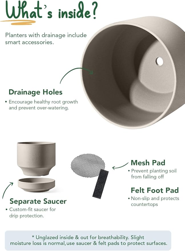 LE TAUCI 12 Inch Pots for Plants with Saucer | Ceramic Outdoor & Indoor Planter Pot for Plants | Drainage Hole, Mesh Pad & Plug | Unglazed Porous | Modern for Home, Office and Patio – Neutral Gray