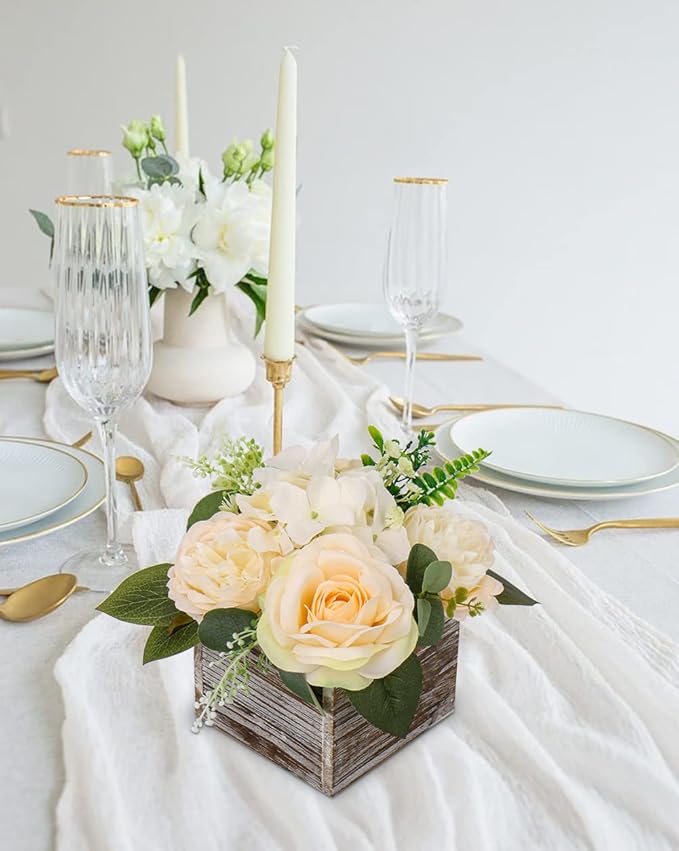 DILATATA Flower Arrangement with Wooden Vase 8" Artificial Flowers in Pot - Fake Flowers Roses Peonies Hydrangeas in Wooden Vase Potted Flower Centerpieces for Table Decor - Pale Yellow