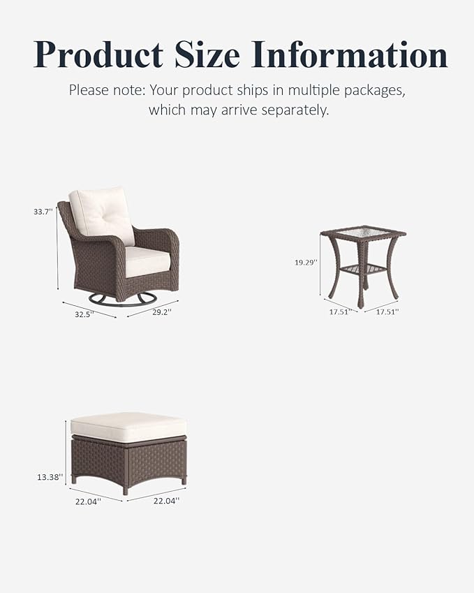 LayinSun 5 Piece Wicker Outdoor Furniture Set with 6-inch Comfy Cushions, High Back Patio Furniture Set with Swivel Rocking Chairs and Side Table