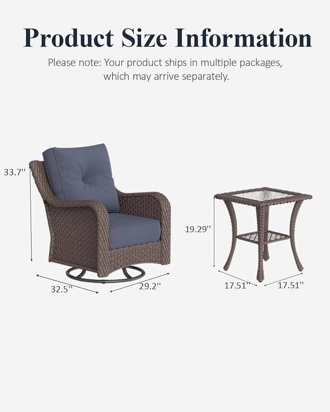 LayinSun 6 Piece Wicker Outdoor Furniture Set with 6-inch Comfy Cushions, High Back Patio Furniture Set with Swivel Rocking Chairs and Side Table