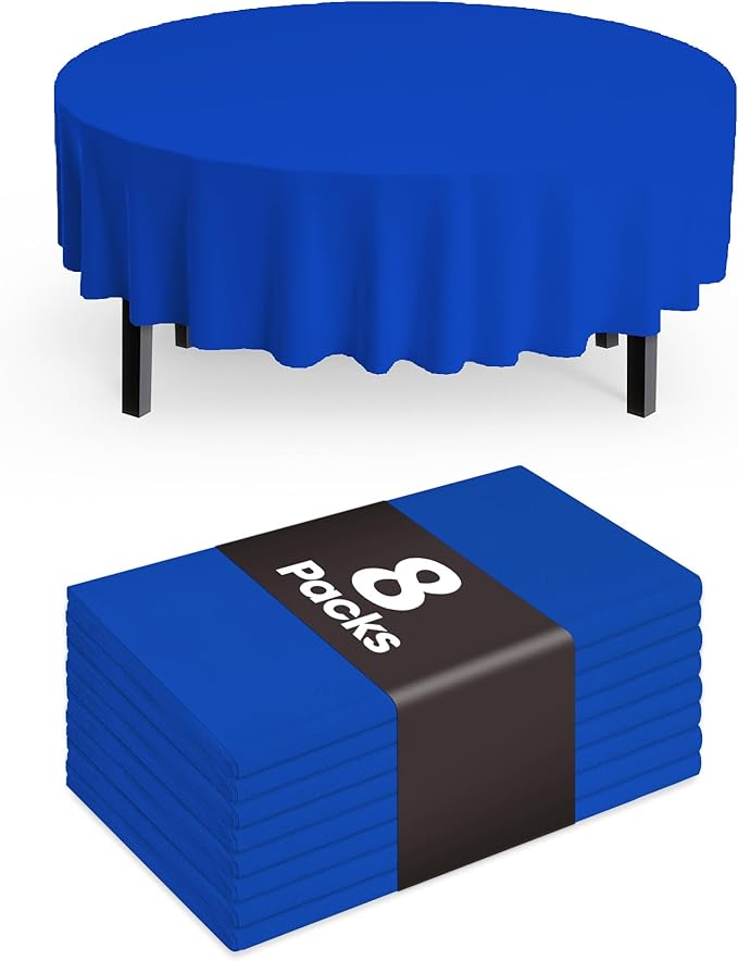 Pureegg Plastic Table Cloth Disposable 8 Pack, 84'' Round Table Cloths, Graduation Decorations Class of 2025, Graduation Party Tablecloths, Round, Plastic Cover, Leakproof & Sturdy, Blue