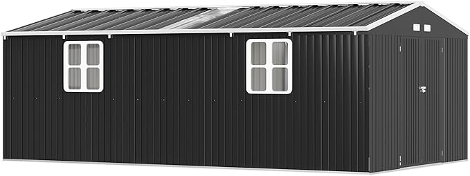 AMERLIFE 12x20x7.2 FT Metal Storage Shed with 2 Transparent Panels, Outdoor Tool Shed with Hinged Double Doors, Windows & Vents, Reinforced Steel Frame for Backyard Garden, DIY Workshop, Dark Gray