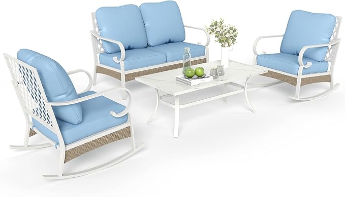 4 Piece Patio Furniture Set, 2 x Rocking Chair, 1 x 2-Seat Sofa with Marbling Coffee Table, All Cushioned 4 Seats Outdoor Conversation Set for Lawn Garden Backyard, Blue