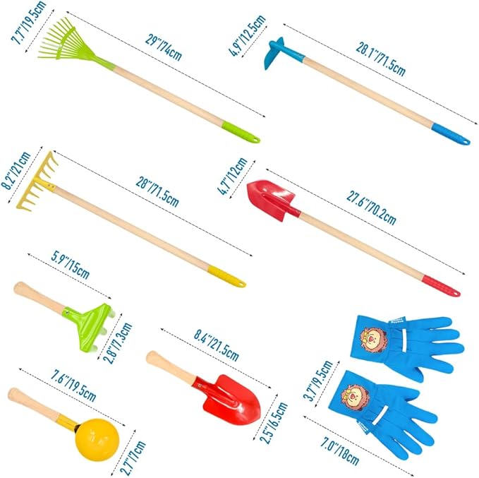 8PCS Kids Rake and Shovel Set, Yard Toys for Kids Ages 3-11, Include Colorful Long Rake, Shovel, Hoe, Leaf Rake, Garden Gifts for Children Outdoor Play