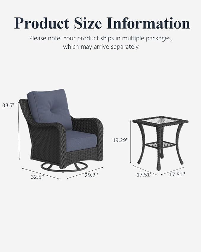 LayinSun 3 Piece Wicker Outdoor Furniture Set with 6-inch Comfy Cushions, High Back Patio Furniture Set with Swivel Rocking Chairs and Side Table