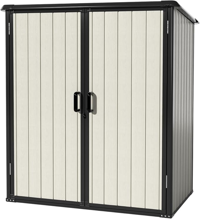 Aoxun Outdoor Storage Shed 5 x 3FT, Resin Shed with Floor and Lockable Door, Plastic Shed for Bike, Garbage Can, Tool, Accessories, Lawn, Garden - Beige
