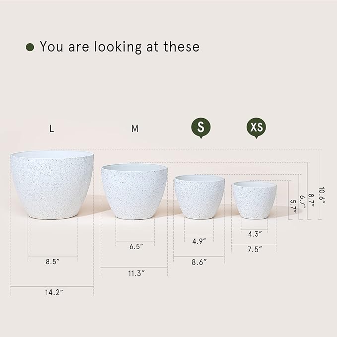 LA JOLIE MUSE Flower Pots Outdoor Garden Planters, Indoor Plant Pots with Drainage Holes, Plastic, Speckled White, Set 2 (8.6 + 7.5 Inch)