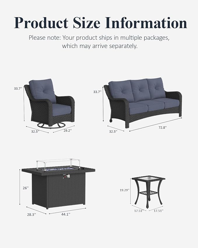 LayinSun 5 Piece Wicker Outdoor Furniture Set with 6-inch Comfy Cushions, High Back Patio Furniture Set with Swivel Rocking Chairs and Fire Pit Table