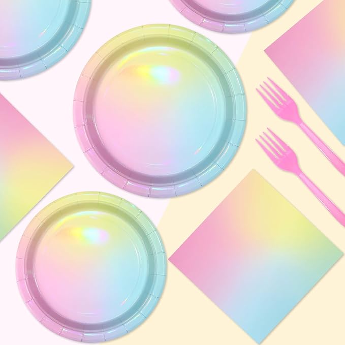 96Pcs Pastel Rainbow Birthday Party Supplies Iridescent Pastel Plates and Napkins Tableware Sets Rainbow Party Decorations for Girls Baby Shower Sprinkle Valentine's Day Party Favors Serves 24