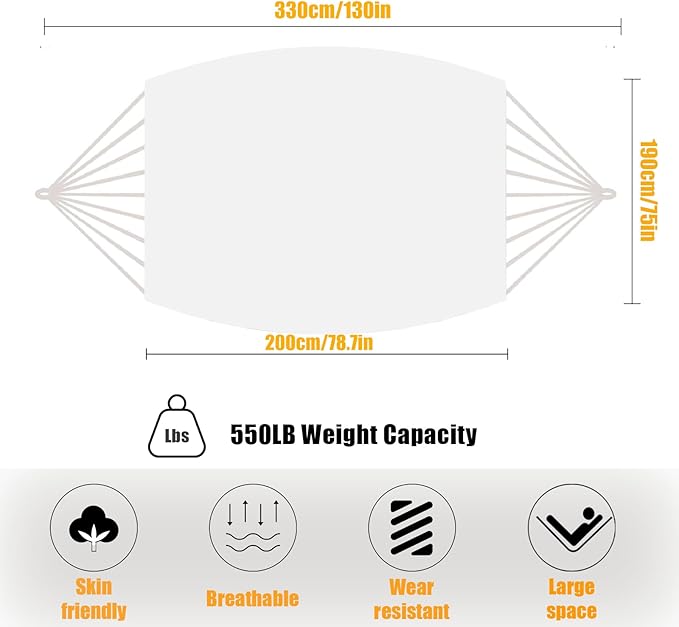 ZEAN Handwoven Hammock by Thick Cotton Rope XXL Two Person Hammock for Outside, Patio Backyard Garden 550LB Capacity