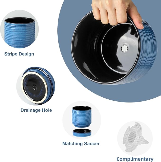 Hasense Ceramic Plant Pots, 4.6 Inch Succulent Flower Pots for Indoor Plants, Modern Glaze Planter with Drainage Hole and Saucer, Blue Mini Windowsill Tabletop Decor, Set of 4