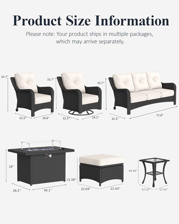 LayinSun 10 Piece Wicker Outdoor Furniture Set with 6-inch Comfy Cushions, High Back Patio Furniture Set with Swivel Rocking Chairs and Fire Pit Table