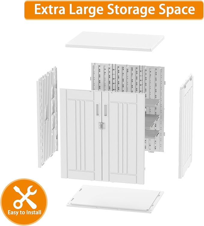 Outdoor Storage Cabinet with 2 Shelves, Waterproof Resin Vertical Tool Shed, Lockable 15 cu. ft. Storage Shed for Patio, Garden, Yard, Dark White