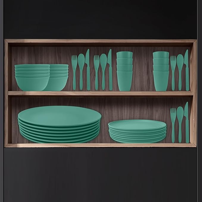 Wrova 64-Piece Service for 8 Dinnerware Set - Unbreakable Wheat Straw Dinnerware sets of 64 - Dinner plates/Snack plates/Cereal bowls/Drinking Cups/Cutlery for Outdoor camping and indoors.Green