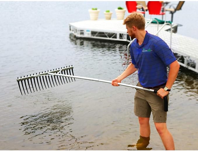 Rake Zilla | Extra-Large Heavy-Duty Lake and Pond Aquatic Weed Rake – 40" Wide Head with 9" Tines | Includes Detachable Float Kit & 25 ft Rope for Scooping, Skimming, and Easy Cleanup in Lakes & Ponds
