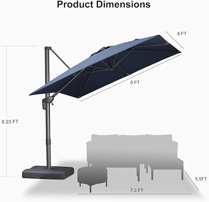 PURPLE LEAF 8 FT Outdoor Umbrella with Base Patio Cantilever Aluminum Umbrella with 3 Years Fade Resistance Recycled Fabric Offset Square with 360-degree Rotation for Deck Pool Garden, Ocean Slate