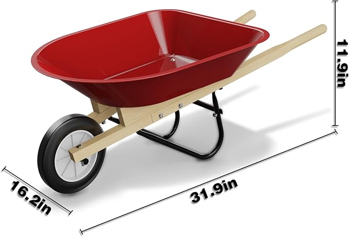 Kids Wheelbarrow Set with Gardening Tools Outdoor Backyard Garden Play for Toddlers Boys Girls 3-8, with Shovel, Rake, Leaf Rake, Easter Birthday Gifts (Wheelbarrow Red Color)