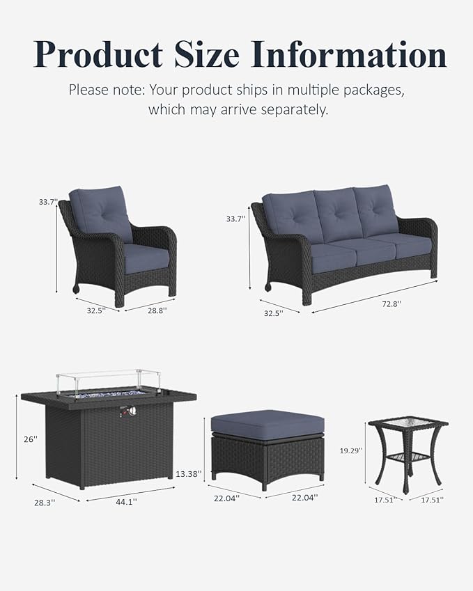 LayinSun 7 Piece Wicker Outdoor Furniture Set with 6-inch Comfy Cushions, High Back Patio Furniture Set with Rattan Armchairs and Fire Pit Table