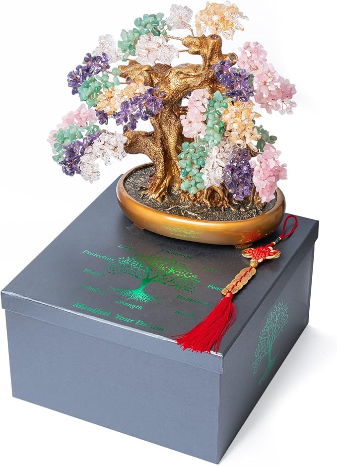 Natural Chakra Gemstone Crystal Bonsai Tree of Life Large Feng Shui Money Tree for Luck and Wealth Desk Decoration(1,251 Gem Count)