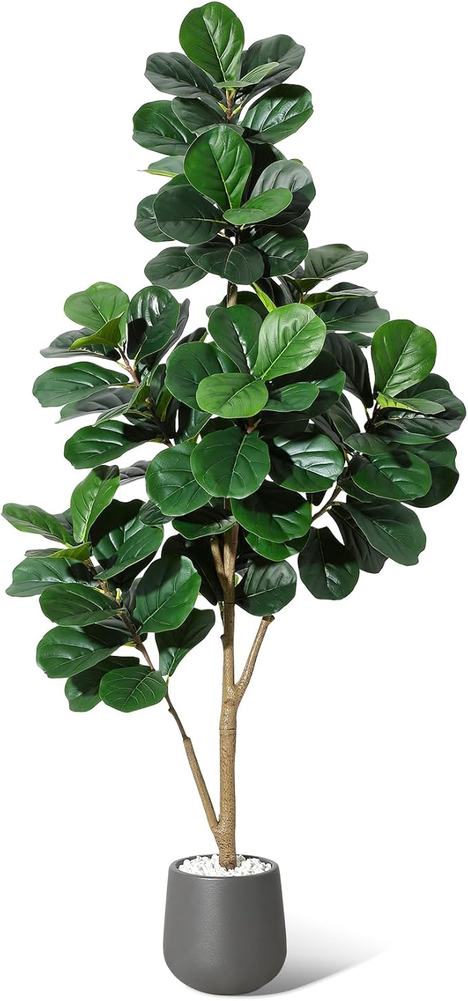 6FT Fiddle Leaf Fig Tree Artificial with 108 Leaves - Realistic Faux Ficus Lyrata Trees in 9" Grey Planter Pot, Indoor Fake Floor Plants for Home Office Living Room Decor, Housewarming Gift