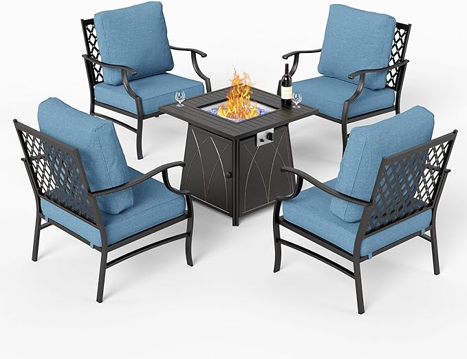 5 Piece Metal Outdoor Patio Furniture Set with Fire Pit Table, Patio Conversation Sets 4 Fixed Chairs with 5.75" Thick Cushion and 5000 BTU Fire Pit Table, Backyard Furniture, Navy