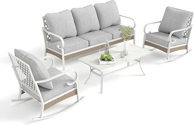 4 Piece Patio Furniture Set, 2 x Rocking Chair, 1 x 3-Seat Sofa with Marbling Coffee Table, 5 Seats Outdoor Conversation Set for Lawn Garden Backyard, Light Gray