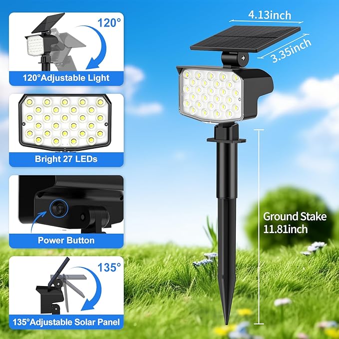 Solar Spot Lights Outdoor Waterproof Adjustable Solar Powered Landscape Lights for Yard 3 Long Time Lighting Modes Spotlights for Pathway Garden Outside Wall Pool Porch- 6 Pack, Cool White