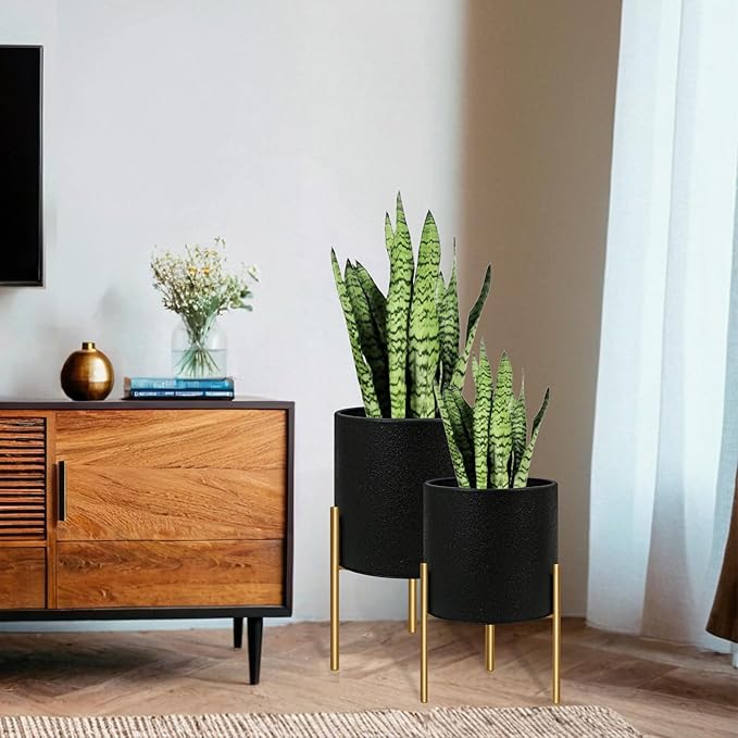 ARNIS Modern Planter Pots, Large Planters with Stand, Set of 2 Metal Planters for Plants with Drainage Holes for Living Room, Office, Garden or Balcony, 10.5 &12.25 Inch, Black
