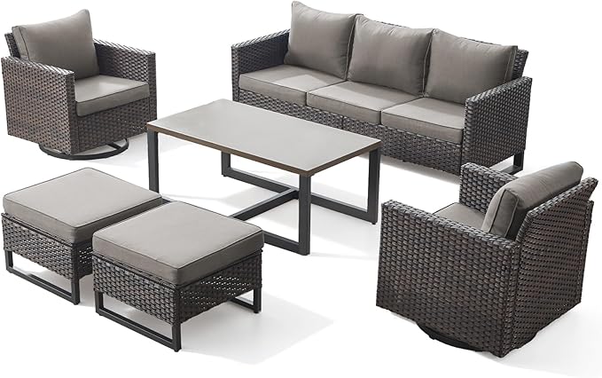 6 Pieces Patio Furniture Set-All Weather Outdoor Swivel Rocker Patio Chairs with 3-Seat Section Couch and Rattan Coffee Table Outdoor Conversation Sets for Garden Backyard Deck(Brown/Grey)